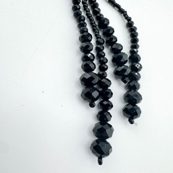 Vintage Black Beaded Layered Necklace Tassel Lariat Monochromatic Retro - Picture 3 of 11